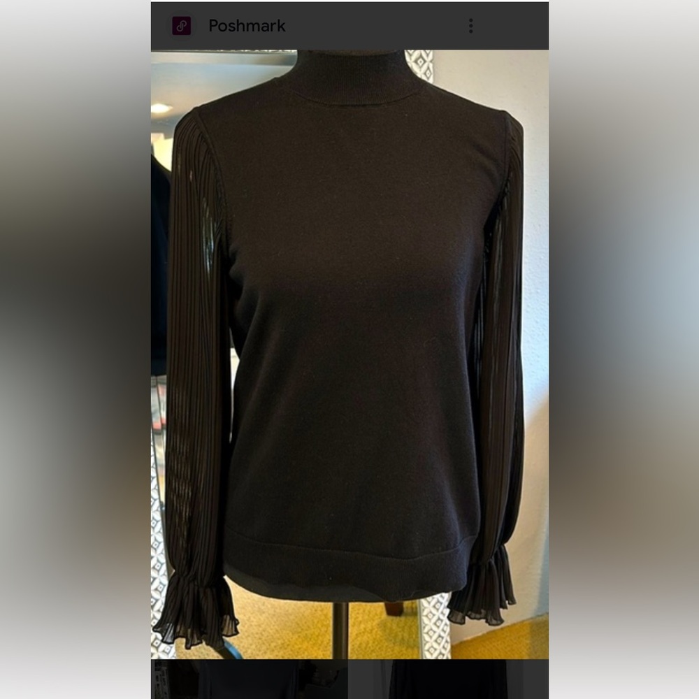 CeCe Black Ruffled Fitted Long Sleeve Blouse